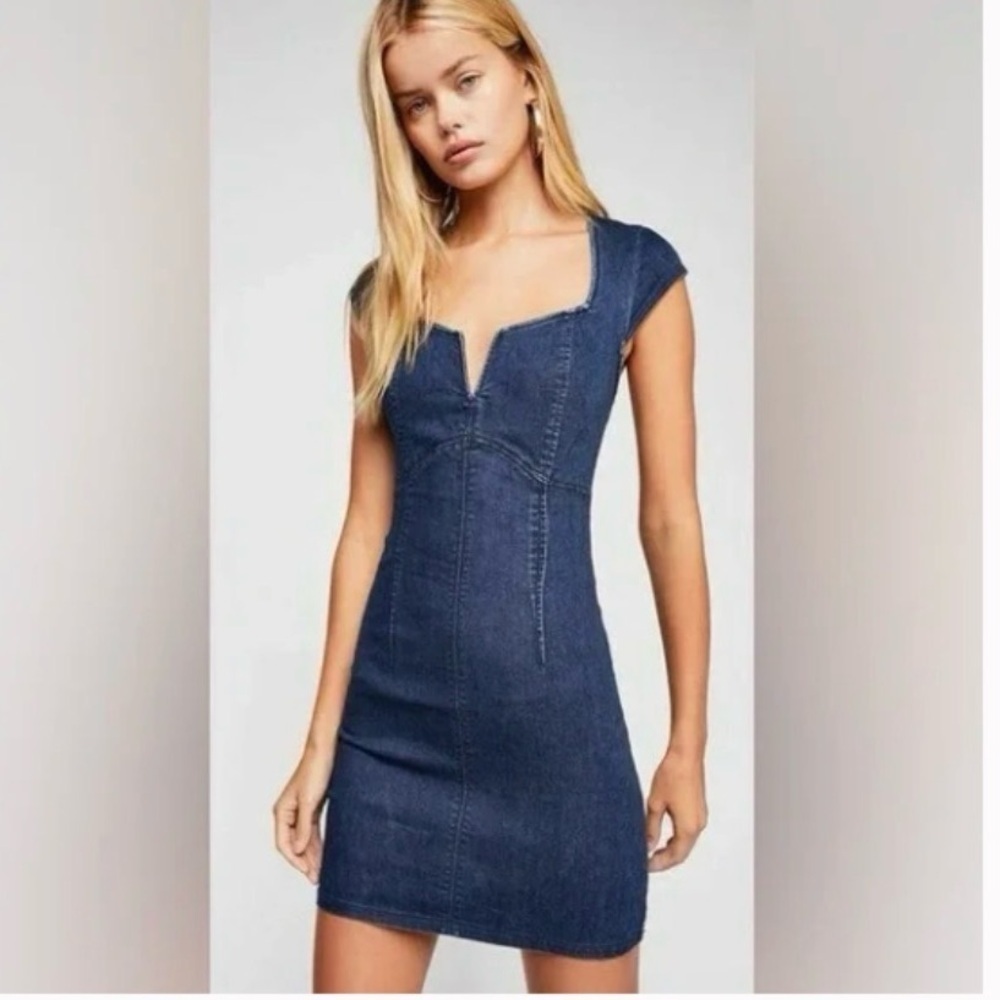 Free People - XS - Indigo Denim Jean Sweetheart neckline cap sleeve dress